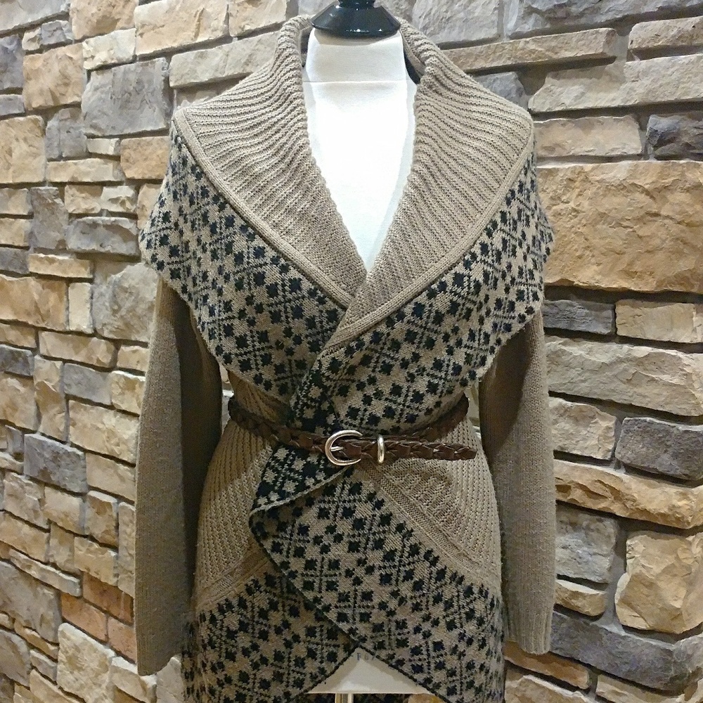 Style & Co. Tan and Black Shawl Collar Knit Cardigan